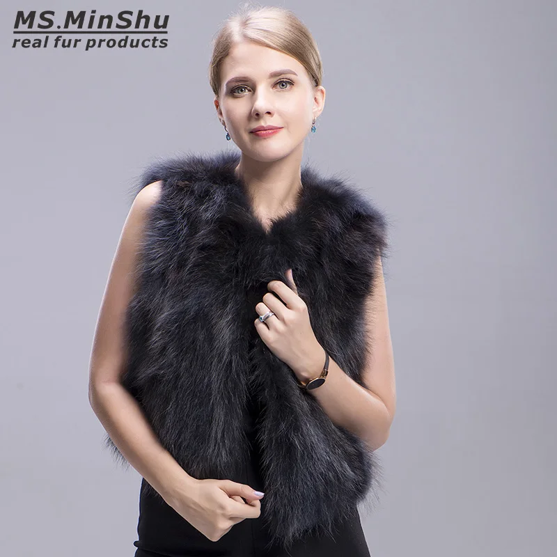 

Ms.MinShu Raccoon Fur Vest Grey Short Winter Fox Fur Vest Sleeveless Women Raccoon Fur Coat Fashion Real Fur Vest for Girl