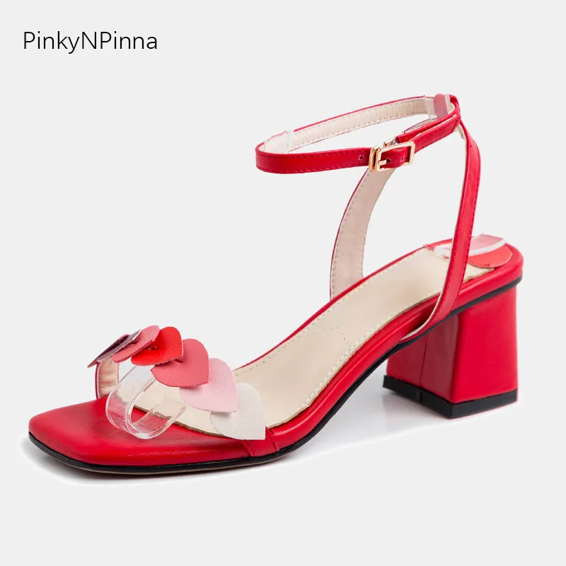 

Sweet ladies red sandals princess heart shape gradient color two changeable ankle straps chunky heels women summer party shoes