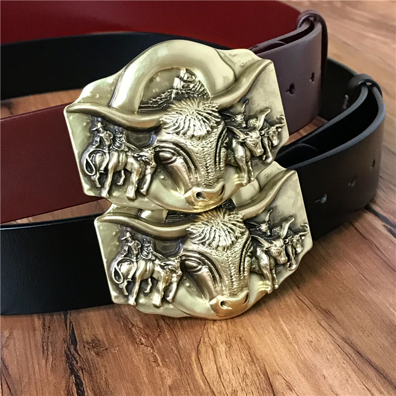 Роскошные латунный бык кожанный браслет ремень Для мужчин Винтаж пригородам мужской ремень ковбойские джинсы ремень для широкой талии