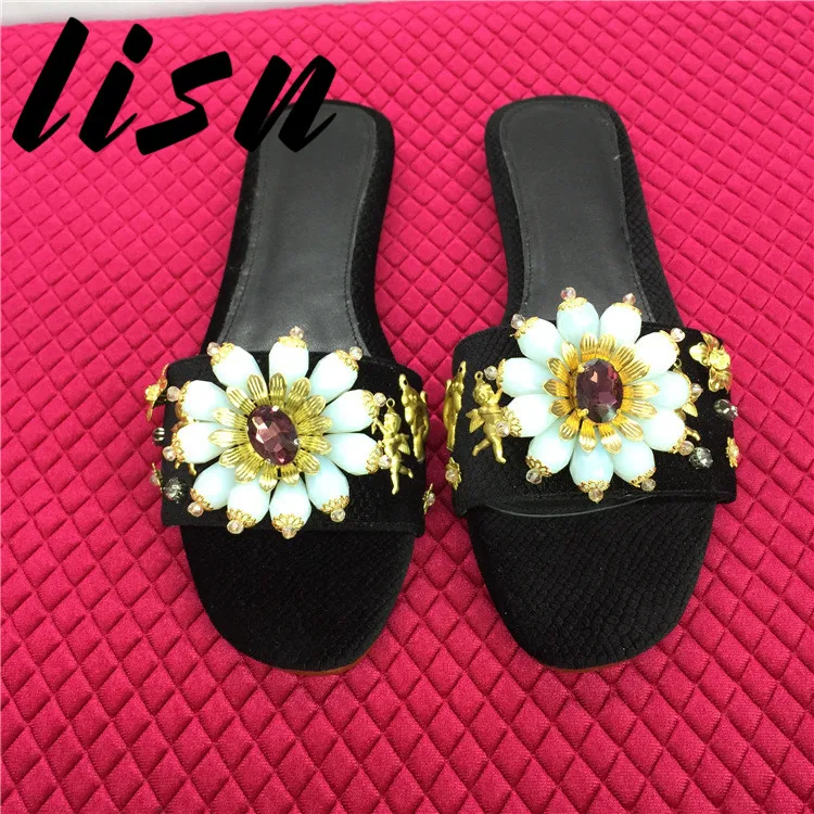 

LISN New Velvet Crystal Floral Summer Slippers Open Toe Jewel Beading Flats Sandals Shoes Women