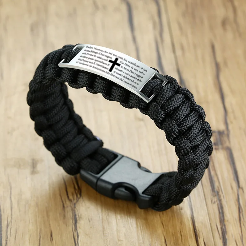 

Black Climbing Rope Sport Braided Bracelet Man Religion Bible Lord's Prayer Russian Spanish Chinese Language