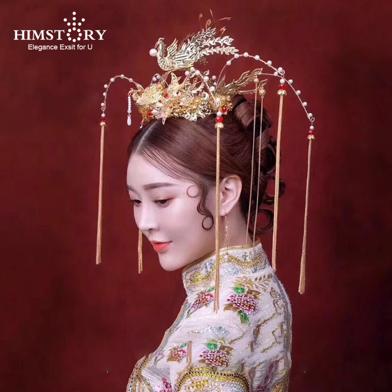 HIMSTORY китайский Винтажный Золотой Феникс Павлин корона для волос Аксессуары