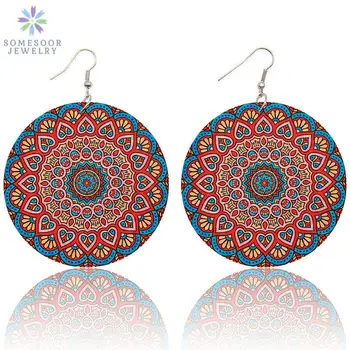 

SOMESOOR Painting Bohemain Natural Wooden Drop Earrings African 2019 Sunflower Design AFRO Ethnic Pendant Jewelry For Women