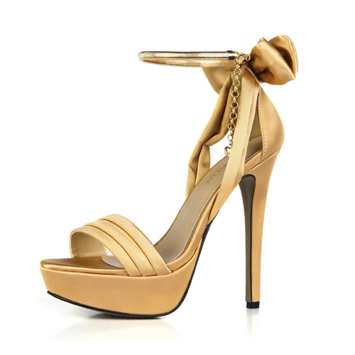 Атласные женские босоножки на высоком каблуке-шпильке с ремешком на щиколотке и цепочкой для свадебной вечеринки; Sandalias Tacon Alto de Aguja Nupcial YJ3463SL-f9 - Цвет: Gold