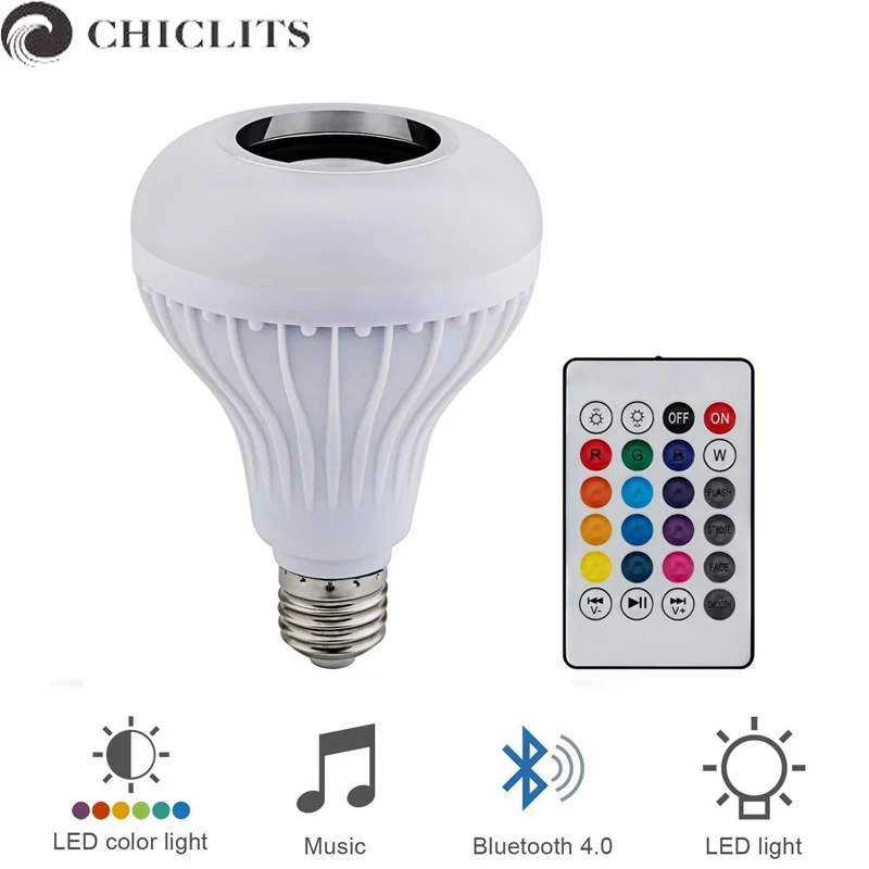 

Chiclits Led Lamp Bluetooth RGBW Bulb 110V 220V Music Speaker Playing Dimmable 12W E27 LED Lamp Light with 24 Key Remote Control
