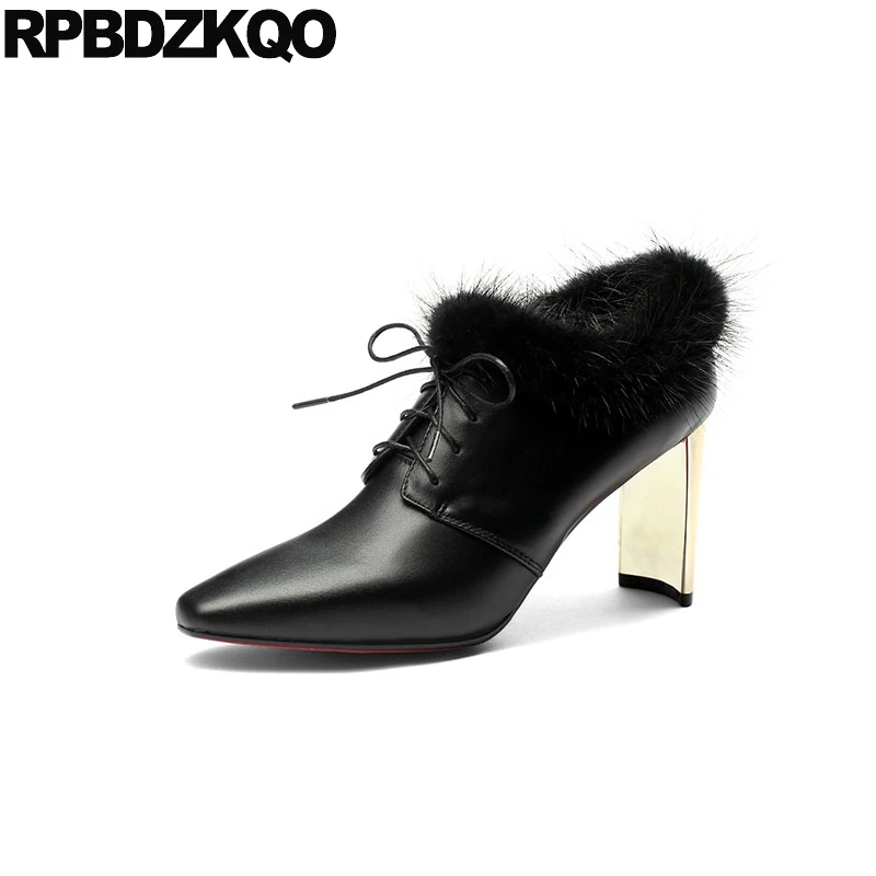 

Women Shoes Size 4 2018 High Heel Real Fur British Lace Up Pointed Toe Autumn Booties Metal Boots Furry Chunky Genuine Leather