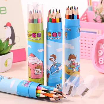 

12pcs/Set 12 Colors Cartoon Children Drawing Painting Colored Pencils Set With Pencil Sharpener Simple School Stationery