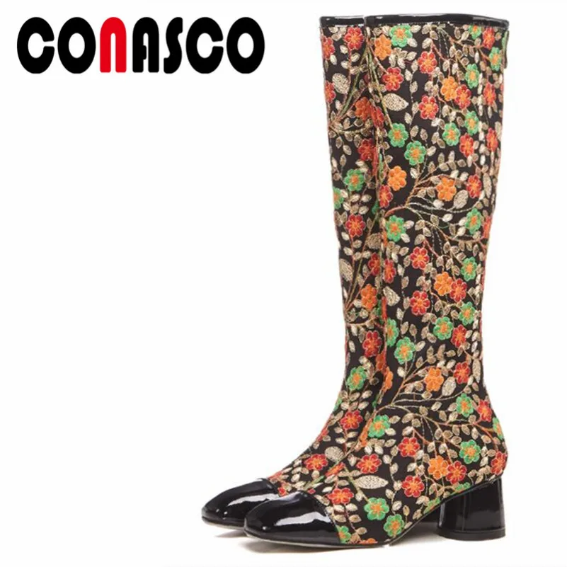 

CONASCO Fashion Women Knee High Boots Autumn Winter Warm High Heels Shoes Woman Square Toe Zipper Embroider Quality High Boots