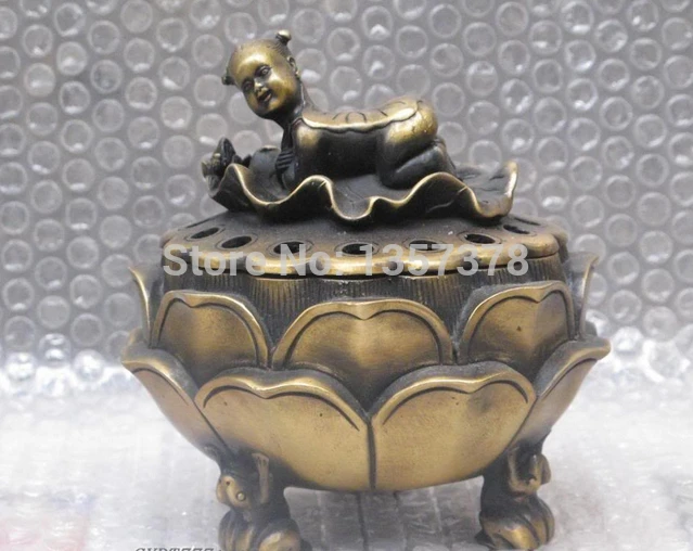 

shitou 00902 5.5"Feng shui China Bronze carve Lotus leaf boy Sudhana incense burner censer discount 30% (C0324)