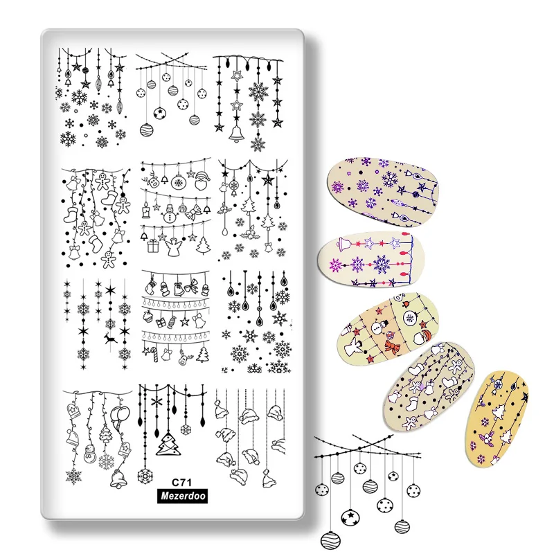 Рождество Празднование ногтей штамповка пластины Снежинка колокольчик Санты пункт шаблон дизайн ногтей штамп шаблон год ногтей трафареты C71