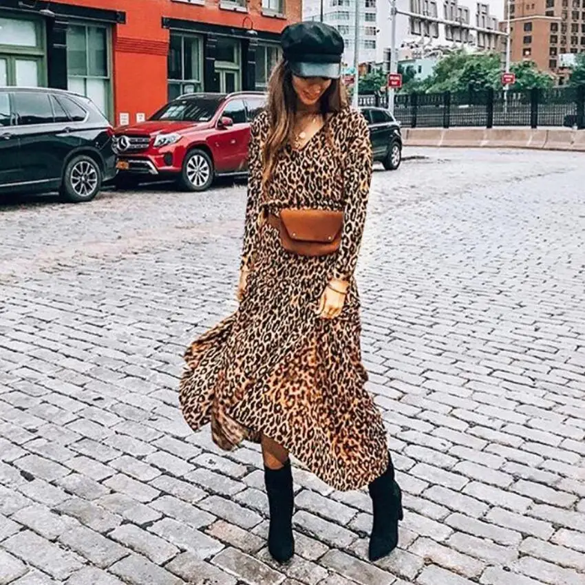 

Fashion Leopard Print Woman Dress 2019 Spring Summer V Neck Long Sleeve Boho Maxi Dresses A-Line Vestido
