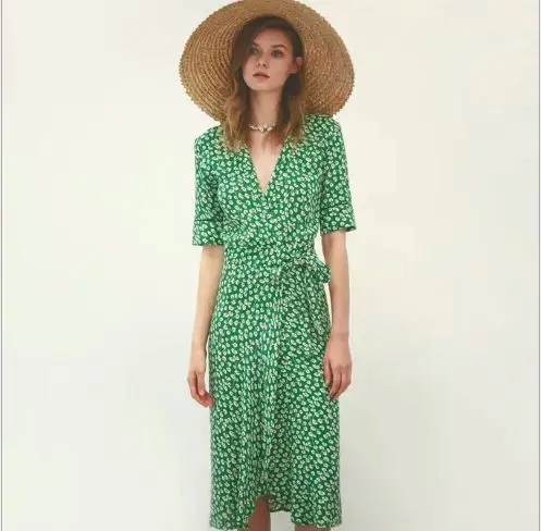 green flower wrap dress