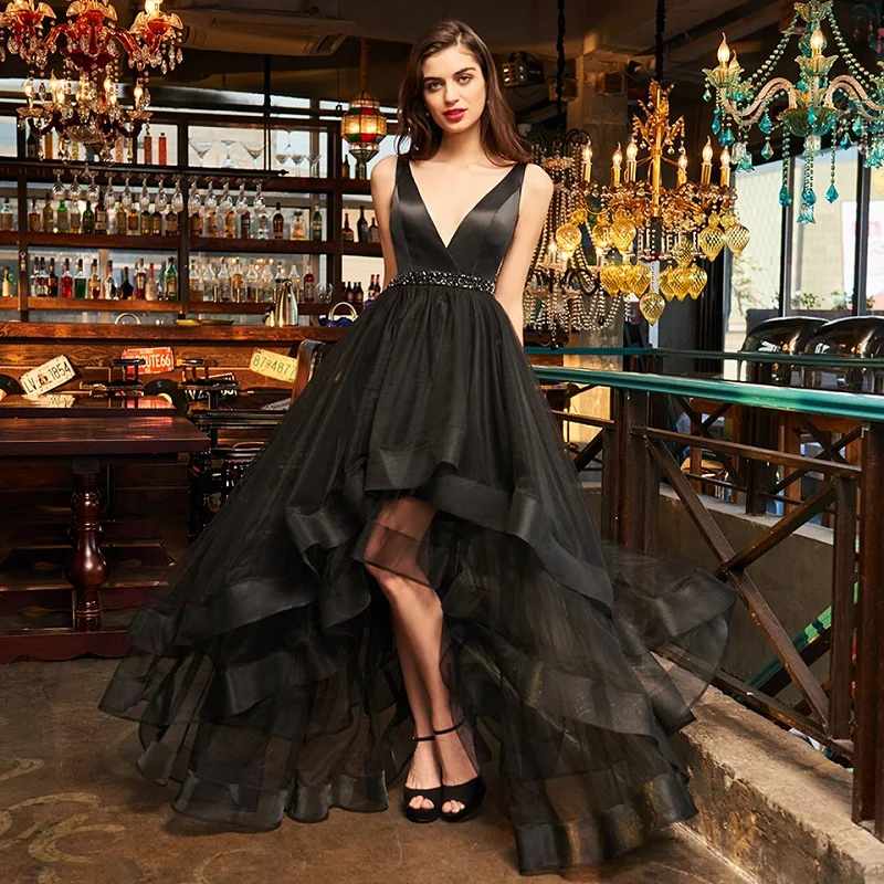 

Tanpell v neck cocktail dresses sexy black sleeveless tea length a line dress women prom party customed beading cocktail dress
