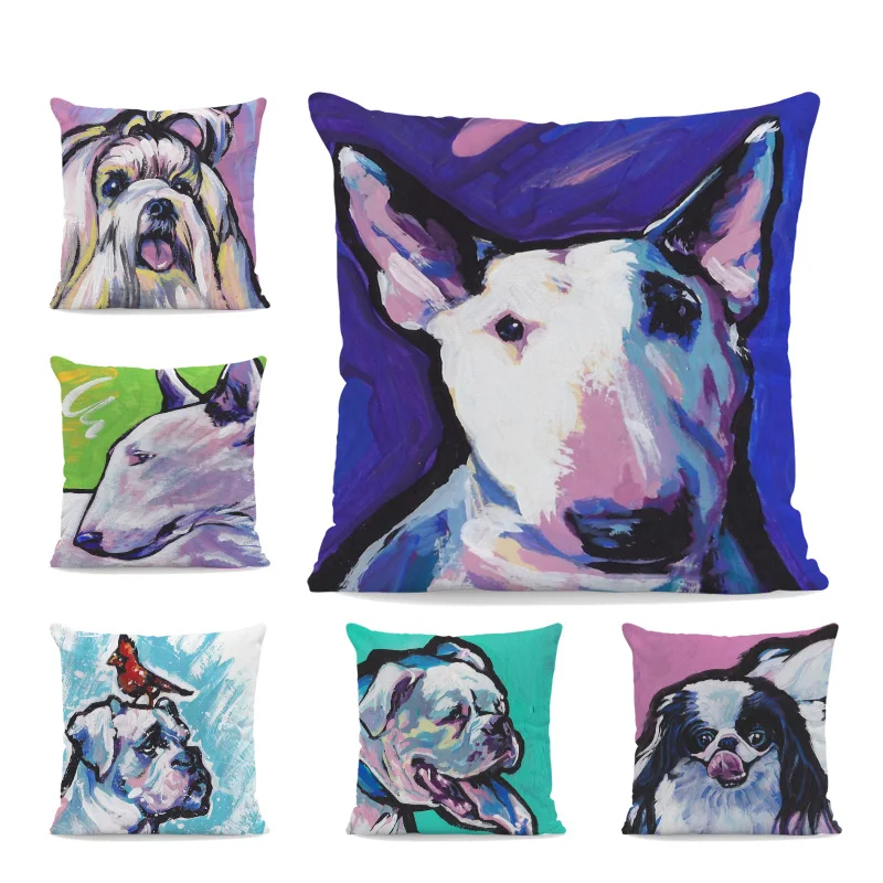 Oil Painting Dog Pillow Cushions Bull Terrier Chihuahua Dachshund Peach Skin Cover Pillows Decoration Home Sofa Seat Pillowcases