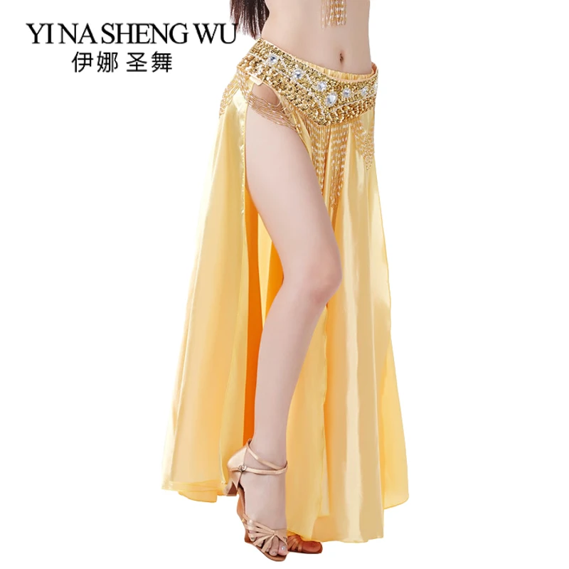 Belly Dance Skirts Women Floor-Length Double Slit Dance Satin Skirt 12 Colors Belly Dance Stage Performance Skirt (Without Belt)