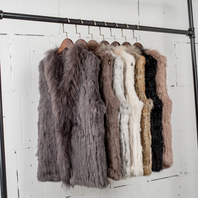 

CHEWIES Genuine Knitted Rabbit Fur Vest With Raccoon Collar Factory Outlet Wholesal 9Color Jacket Waistcoat 2018 New Arrival 3.9