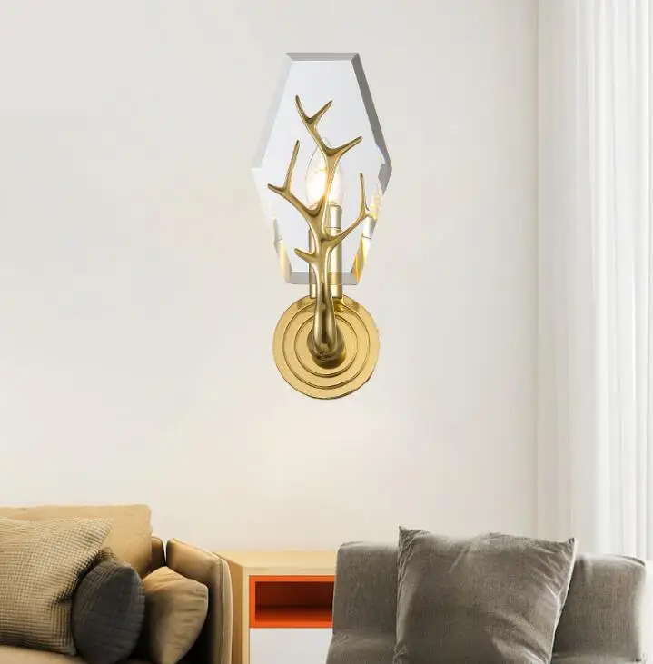 

Wall lamp crystal designer all-copper wall lamp transparent crystal wall lamp living room American copper antler wall lamp