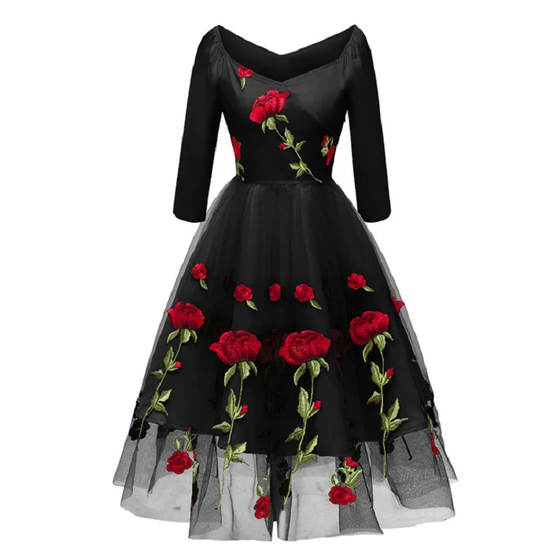 

new arrival 2019 midi boho dress embroidery floral luxury elegant evening v neck Mesh vintage formal dress women party dresses