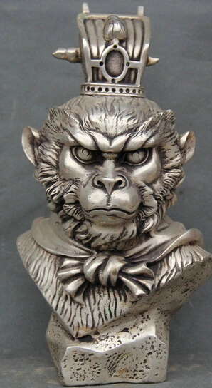 

107@g++10" Chinese Silver Myth Sun Wukong Monkey King Buddha Head Bust Statue Sculpture