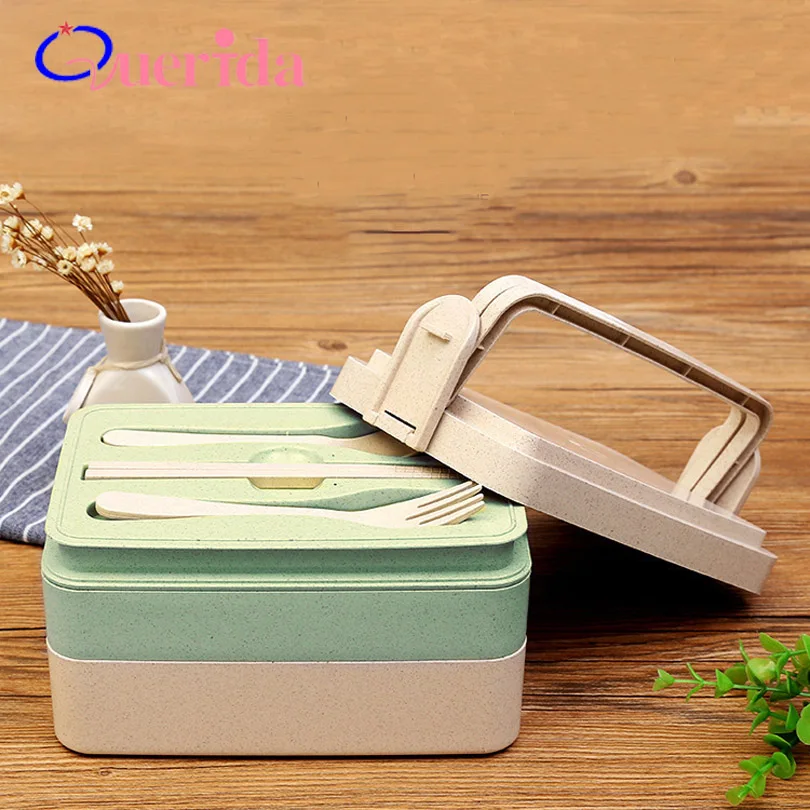 

Japanese Wheat Straw Bento Box Student Multi-layer Portable Food Container Lunch Box For Kids Microwave Chopsticks + Fork +Spoon