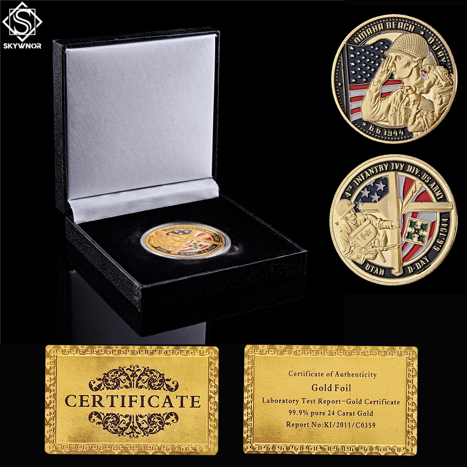 

1944.6.6 4th Infantry Ivy Div US Army Challenge Gold Utah D-Day Commemorative Coin W/ Luxury Box