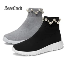 Ботильоны с украшением из жемчуга, черные, серые модные Стрейчевые кроссовки, женские роскошные осенние вязаные носки на плоской подошве, повседневная обувь WK111