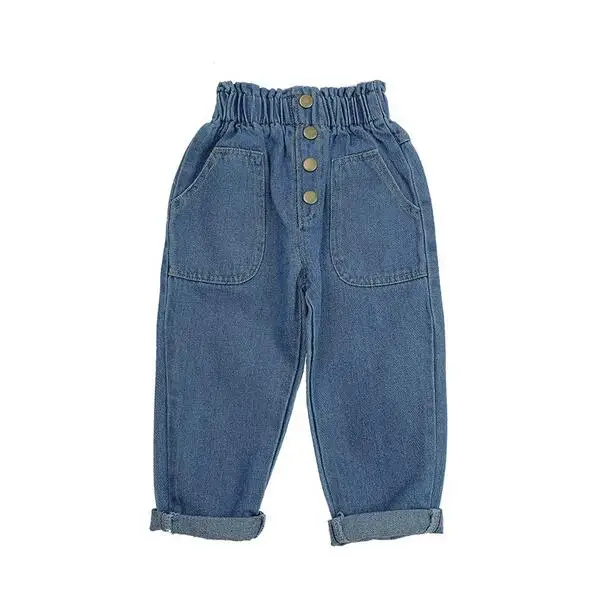 New Arrival Autumn Baby Girls Denim Pants Children Kids Solid Jeans High Waist with Bottons Fashion Cute Girls Jeans - Цвет: Синий