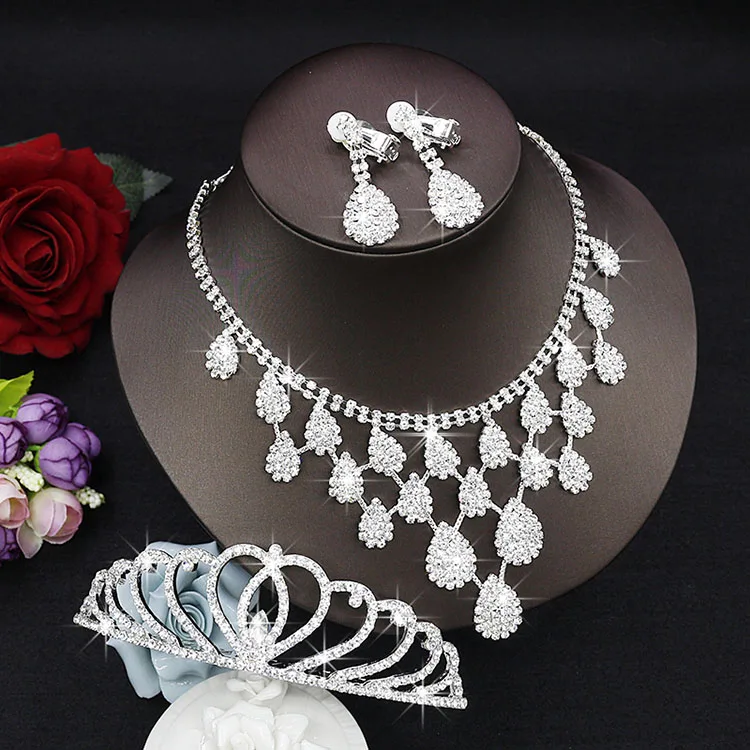   Cristal Conjunto De Jóias de Noiva Gota de Lágrima Strass Luxuoso Declaração Bib ColarBrincoacessórios do casamento Tiara  (1)