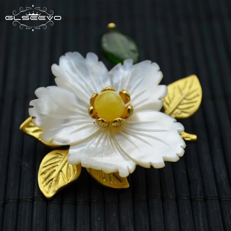 

GLSEEVO Natural Mother Of Pearl Flower Brooch Pins Ceromel Brooches Gift For Women Fine Jewelry Dual Use Luxury Jewellery GO0141
