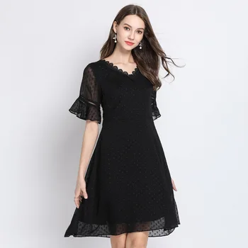 

Summer ladies A-line dress elegant party dress lace border V neck polka dot vestidos plus size flare sleeves sexy dress 4XL 5XL
