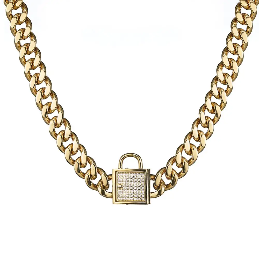 12-32&quot Fashion Stainless Steel Gold Cuban Curb Link Training Domineering Dog Collar With Square Crystal Lock Clasp 12mm Wide | Украшения
