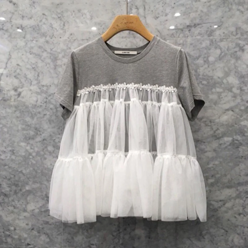 Шикарный сетки лоскутное короткий рукав футболки Для женщин 2018 новые летние