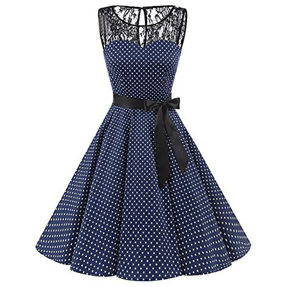 

Summer Women Dress 2019 Vintage Sexy Women Sleeveless Polka Dot Lace Hepburn Swing High-Waist Pleated Fashion Dresses 4XL