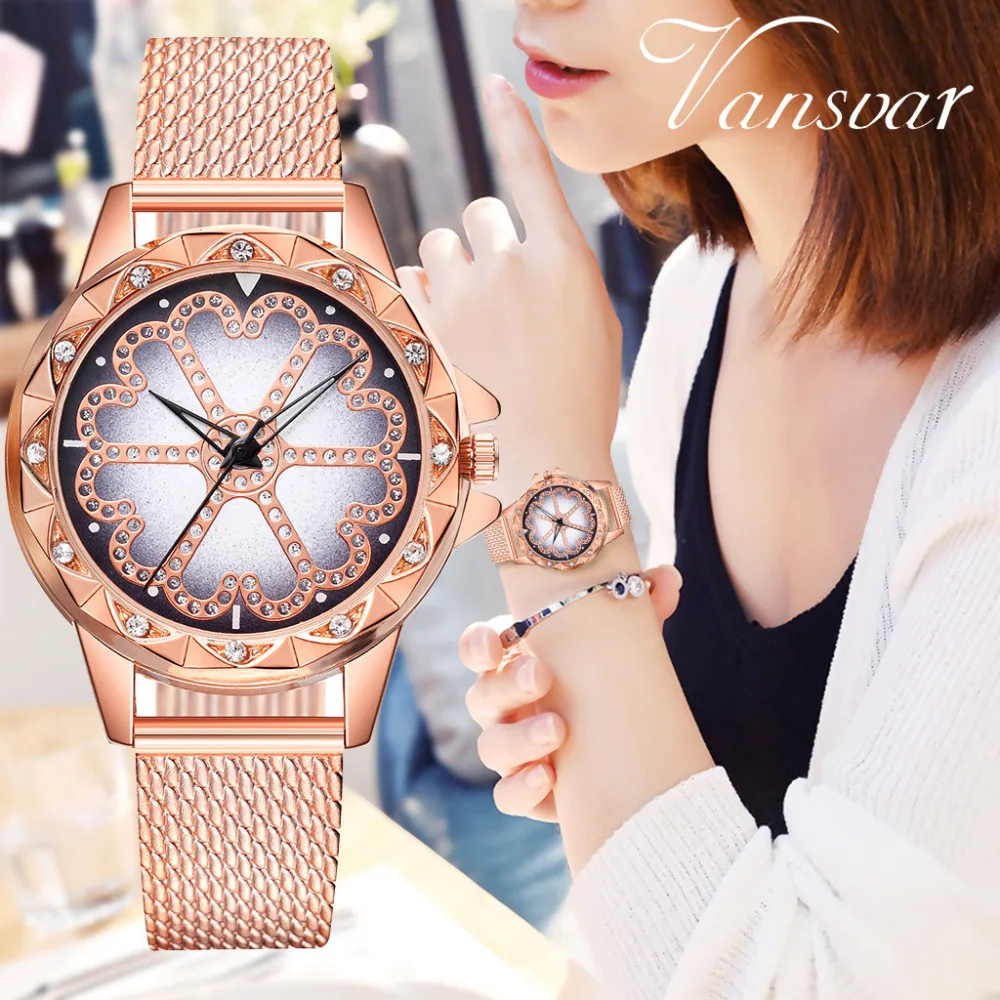 

Vansvar Brand Luxury Gold Watches Casual Quartz Plastic Leather Band Lucky Flower Rhinestone Watch Relogio Feminino Gift Clock Q