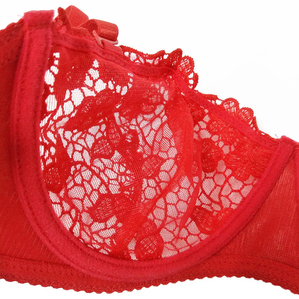 YANDW Black Floral Mesh Lace Bralette Bras For Women Sexy Lingerie Plunge Bra Lady Thin Unlined Push Up Transparent White Red