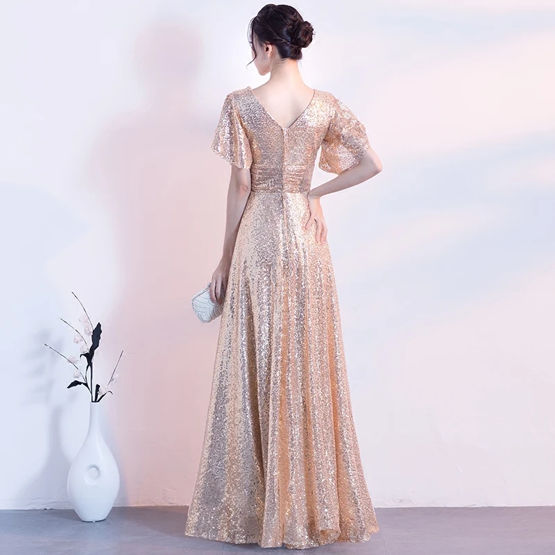 Золотые вечерние платья Длинные элегантное ТРАПЕЦИЕВИДНОЕ вечернее платье в пол с v-образным вырезом и блестками с короткими рукавами размера плюс