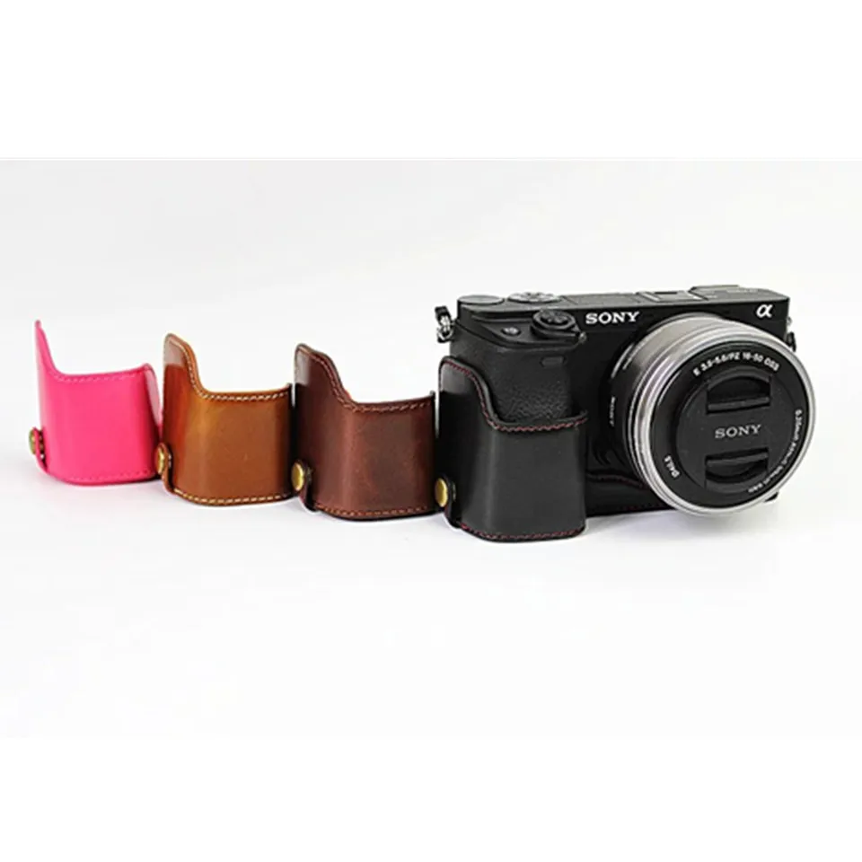 Goede Nieuwste Fashional Camera Bag Case Voor Sony A6300 A6000 PU Leer Half Body Set Cover Met Batterij Opening, gratis Verzending