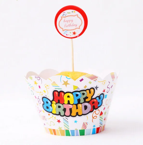 24 PCS happy birthday Cupcake wrappers cake toppers Baby shower kids