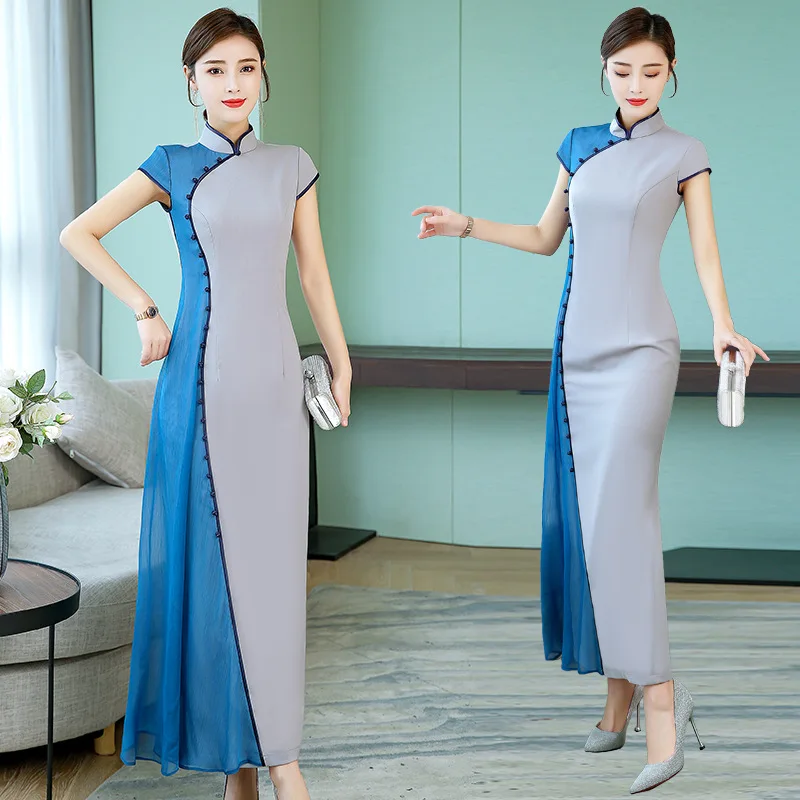 

2019 summer new fashion slim sexy long stitching short-sleeved cheongsam dress large size M-4XL high quality elegant vestidos