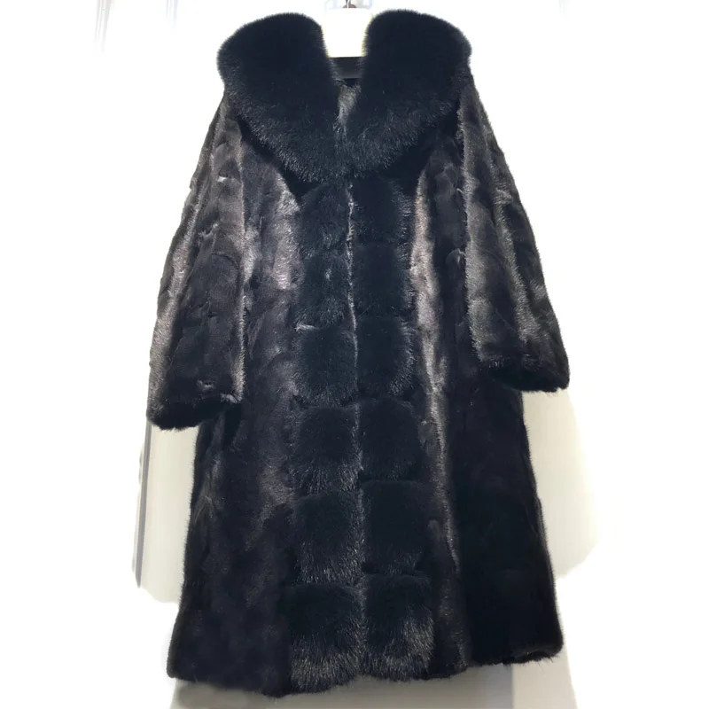 

Harppihop* Real Mink fur coat Jackets Women Winter Black Thick warm Long fox fur collar Natural Genuine mink fur coats Female