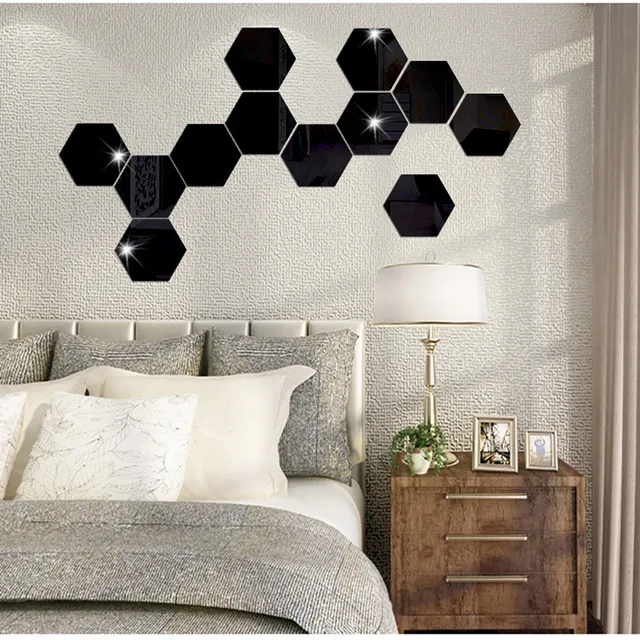 7pcs 3d mirror hexagon acrylic removable black wall sticker decal