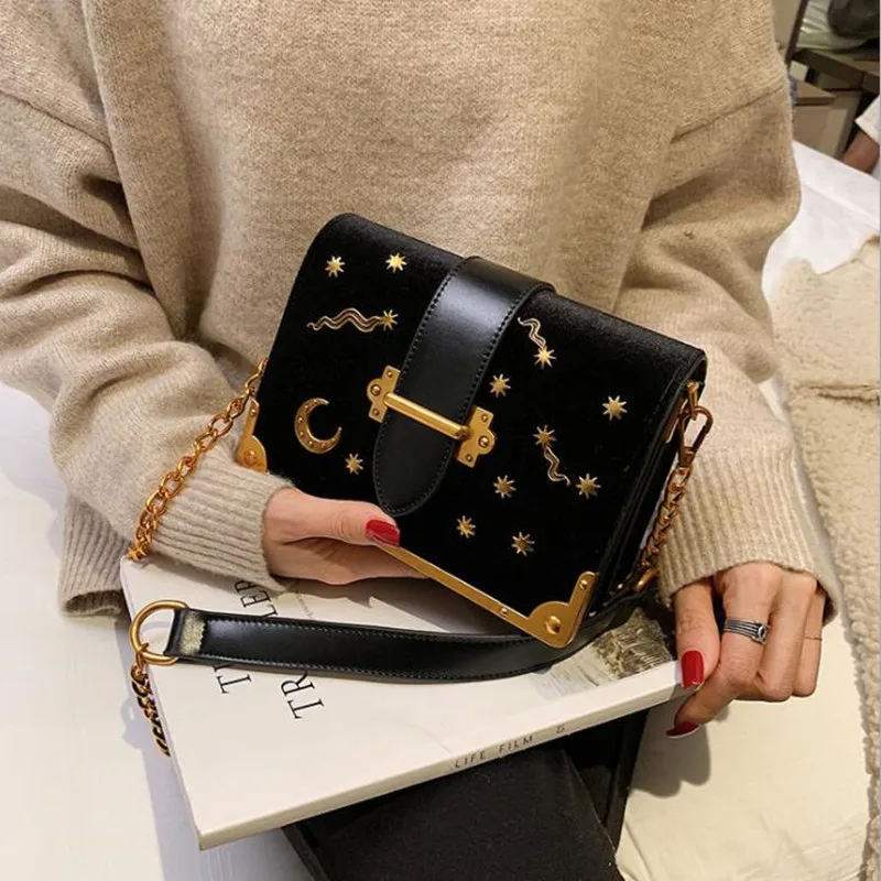 

Moon Rivets Velour Chain Messenger Bag Flap Women Crossbody Bag Female Shoulderbag Sac #464