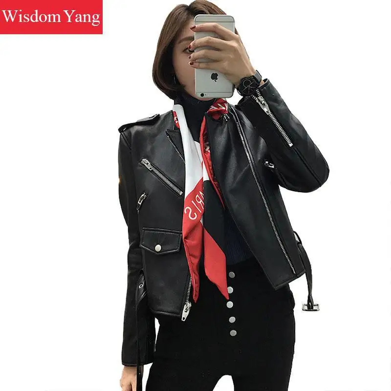 

Autumn Black Red Real Sheepskin Genuine Leather Short Jackets Coat Scarves Womens Zipper Overcoat Bomber Jacket Coats Outerwear