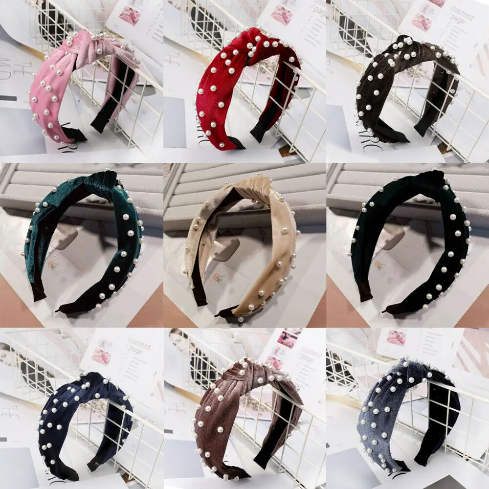 

2019 Fashion Pearl Velvet Tie Hairband Bow Knot Hairband Women Hoop Simple Sweet Girl Hair Headband Accessory