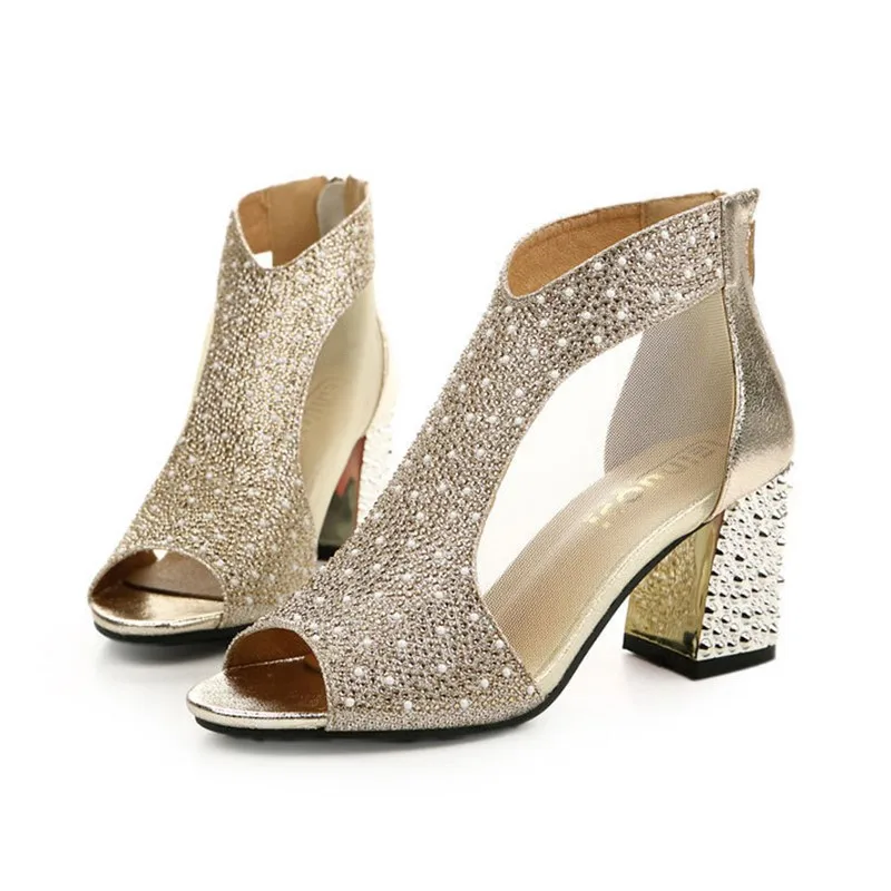 

New Fish Mouth Mesh Shoes Comfortable Rhinestone Zipper Shoes Thick Heel Fashion Women's Sandals Shoes High-heeled Sandals