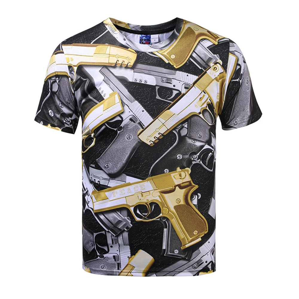 Plus Size Gun Print T Shirt Casual Summer Hip Hop Tops Fitness Guns 3D