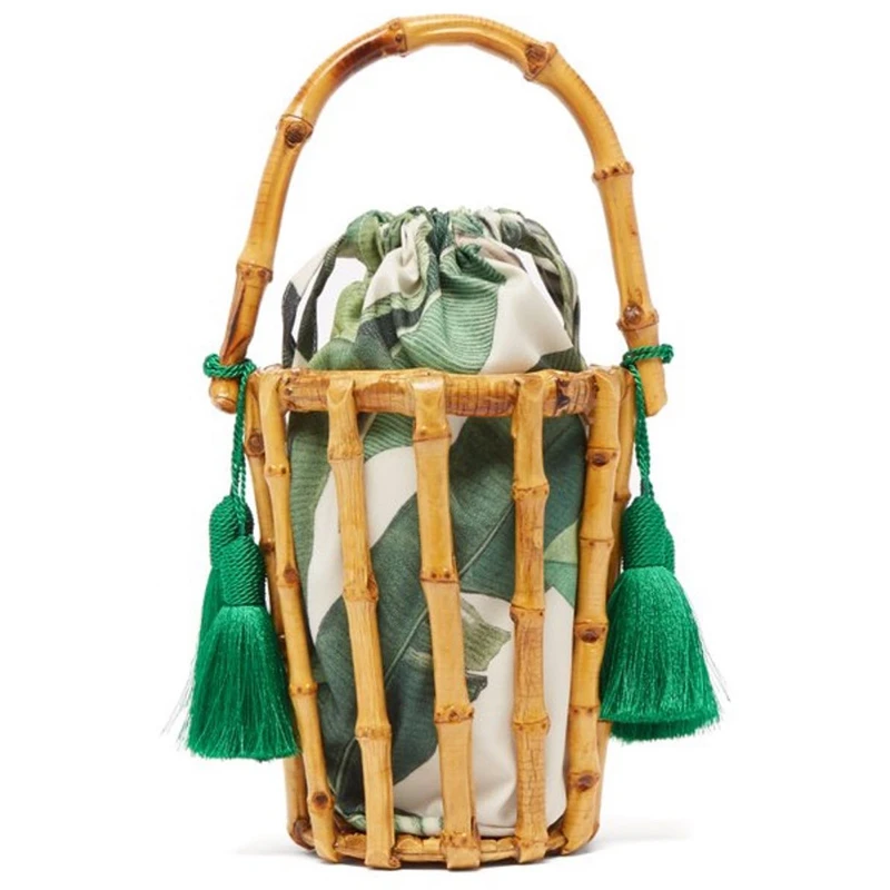 

BEAU-Women Handbag Bamboo Bag Female Totes Woven Bucket Hollow Beach Bags Ladies Purse Summer