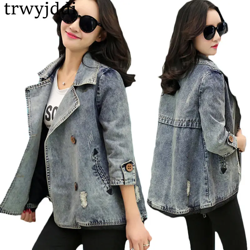 

2019 Fashion Spring Jacket Coat Korean Loose Large Size Short Denim Jacket Female Double Breasted Cloak Jacket hl387