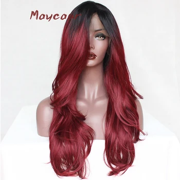 

Maycaur Ombre Red Long Straight Synthetic Lace Front Wigs Heat Resistant Hair Wigs for Black Women Free Part Wigs