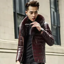 Осень-зима, мужской пуховик из натуральной кожи, воротник из лисьего меха, короткий, большой размер, овчина, мужские пальто для отдыха, тонкая верхняя одежда NO686